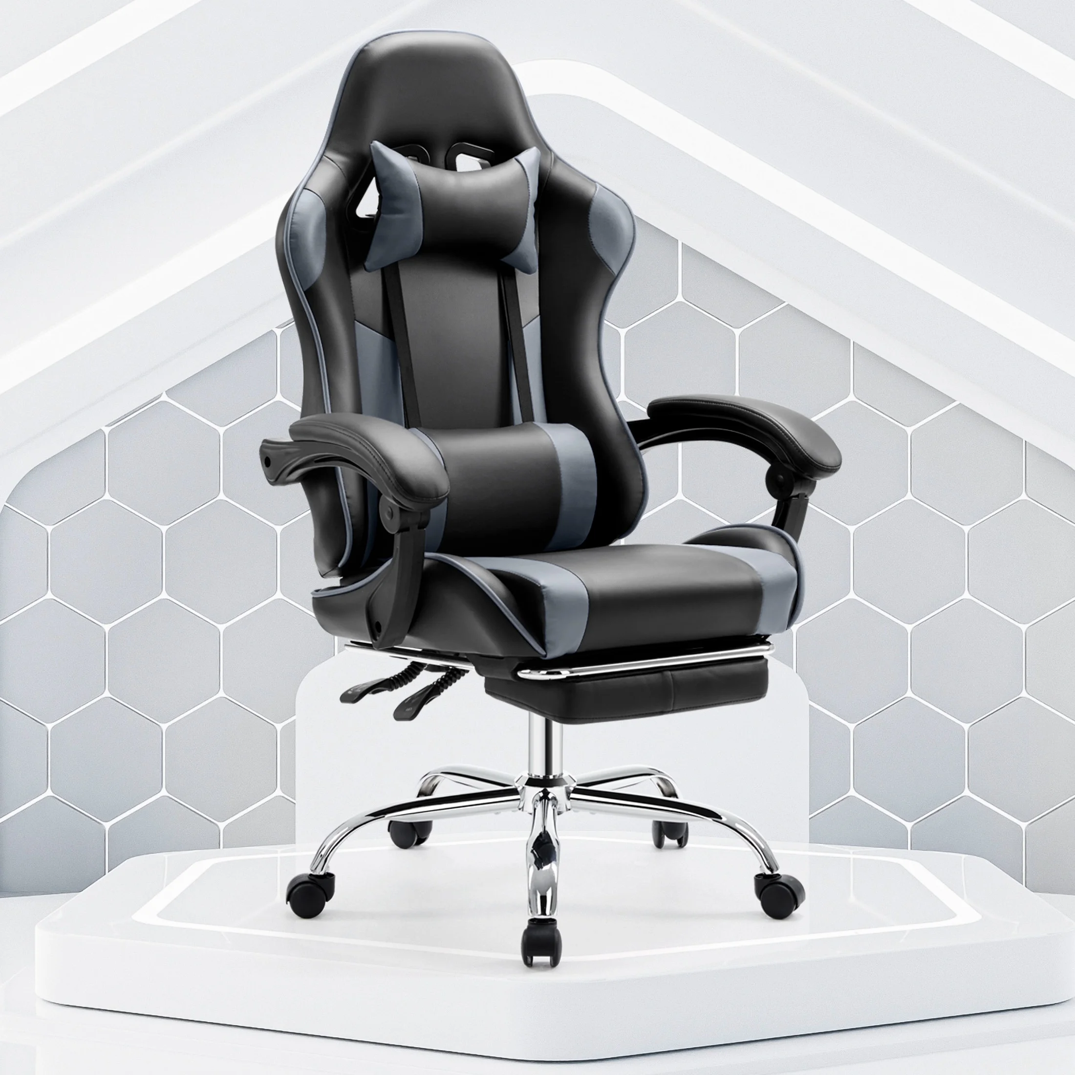 MCQ Ergonomic Swivel Gaming Chair with Headrest Lumbar Support for Home Office, Black and Grey