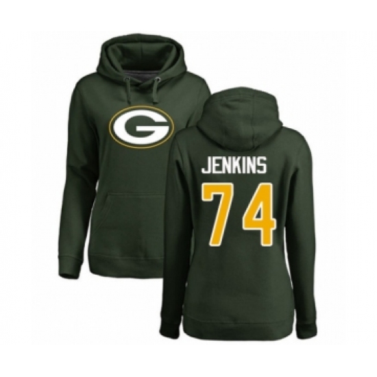 Football Women's Green Bay Packers #74 Elgton Jenkins Green Name & Number Logo Pullover Hoodie - Jersey