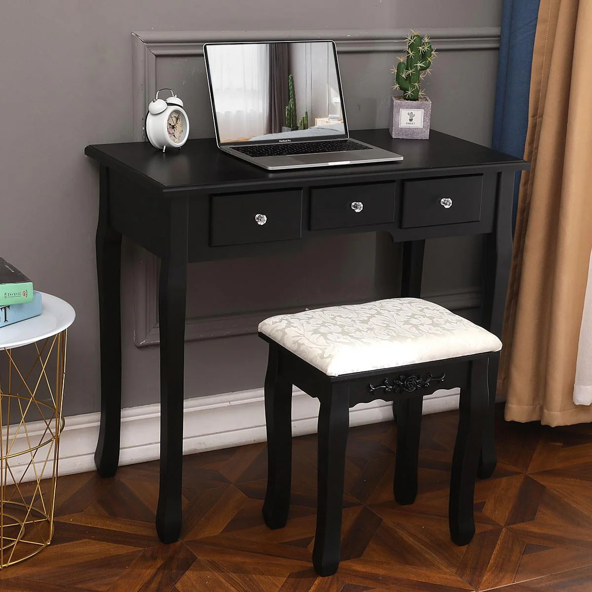SamyoHome Oval Mirror Vanity Makeup Dressing Table and Stool Set Jewelry Desk with 5 Drawers, Black