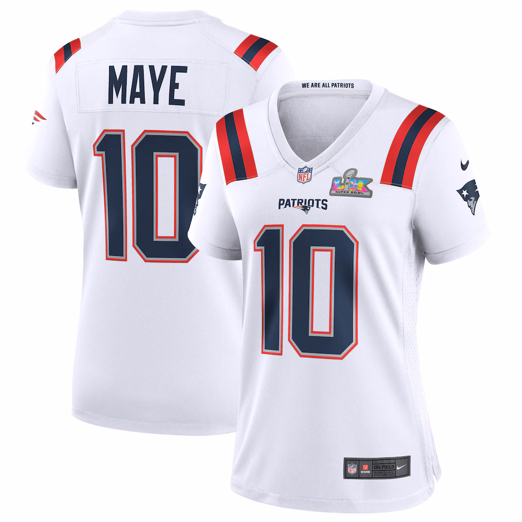 Women's New England Patriots Drake Maye Nike White Super Bowl LX Patch Game Jersey - Jersey
