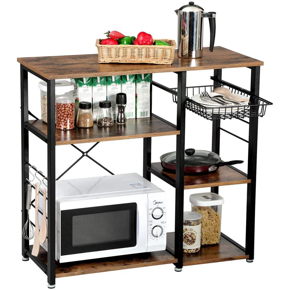 Ktaxon Industrial Kitchen Baker's Rack Microwave Oven Stand, 4-Tier Kitchen Utility Storage Shelf Microwave Cart, Coffee Bar Table Workstation, Rustic Brown