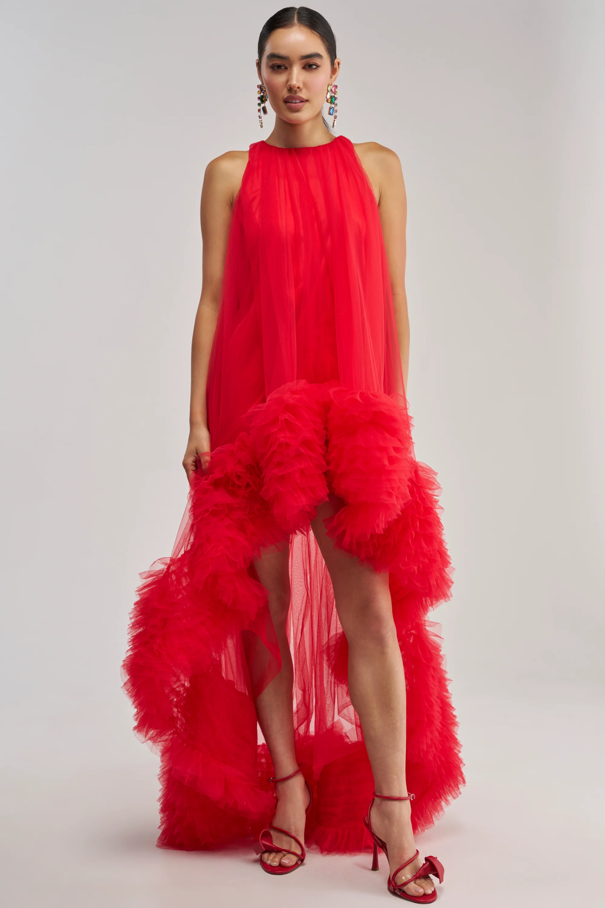 ARI TULLE RUFFLE HIGH LOW MINI DRESS IN RED - Akira Wear