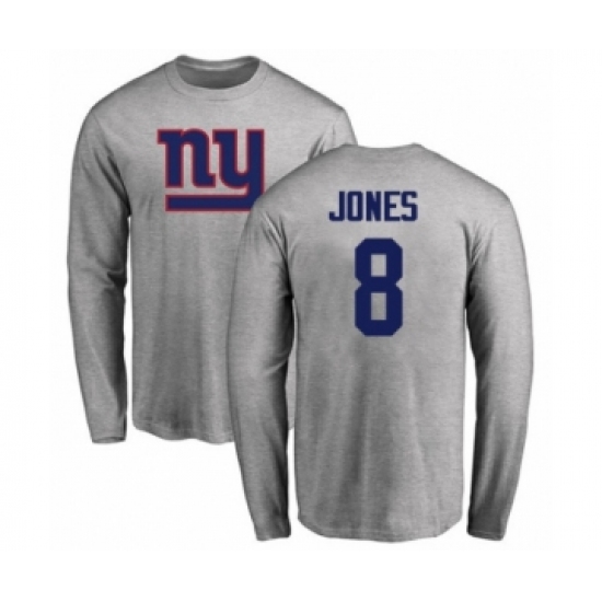 Football New York Giants #8 Daniel Jones Ash Name & Number Logo Long Sleeve T-Shirt - Jersey