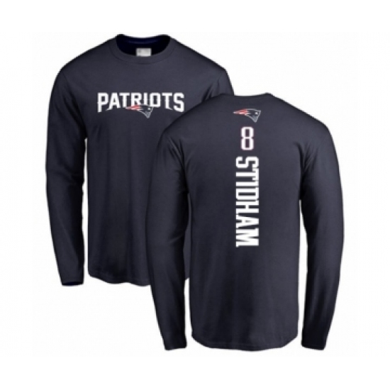 Football New England Patriots #8 Jarrett Stidham Navy Blue Backer Long Sleeve T-Shirt - Jersey