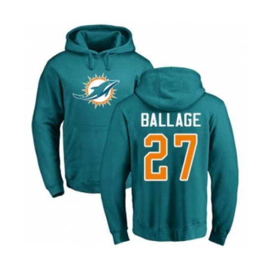 Football Miami Dolphins #27 Kalen Ballage Aqua Green Name & Number Logo Pullover Hoodie - Jersey