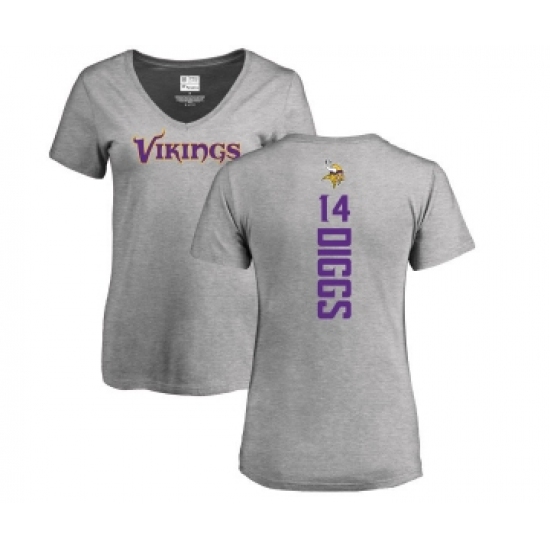 Football Women's Minnesota Vikings #14 Stefon Diggs Ash Backer V-Neck T-Shirt - Jersey