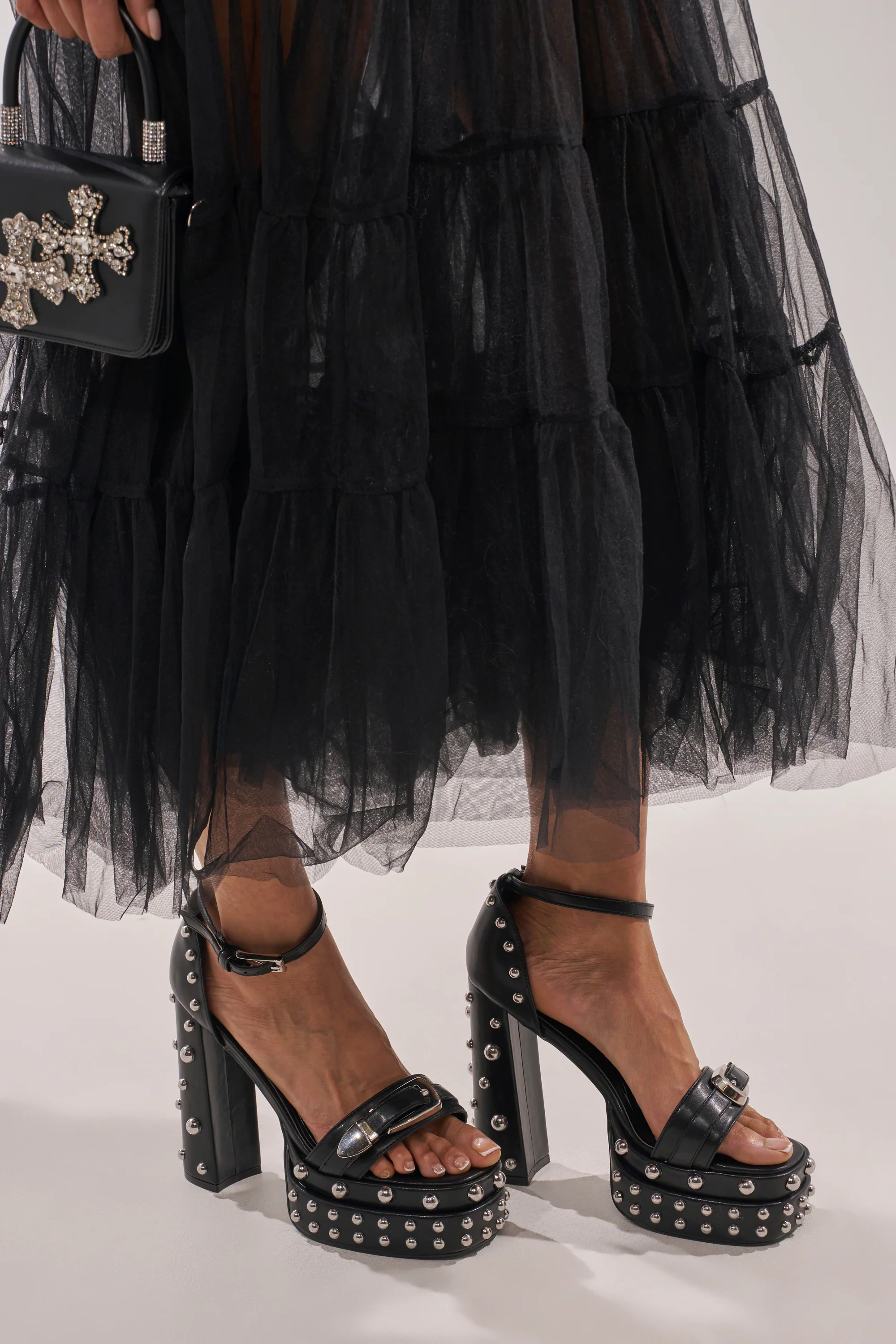 AZALEA WANG EUGENIJA BLACK CHUNKY EMBELLISHED STUDDED SANDAL - Akira Wear