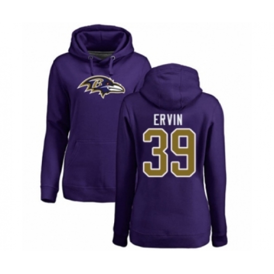 Football Women's Baltimore Ravens #39 Tyler Ervin Purple Name & Number Logo Pullover Hoodie - Jersey