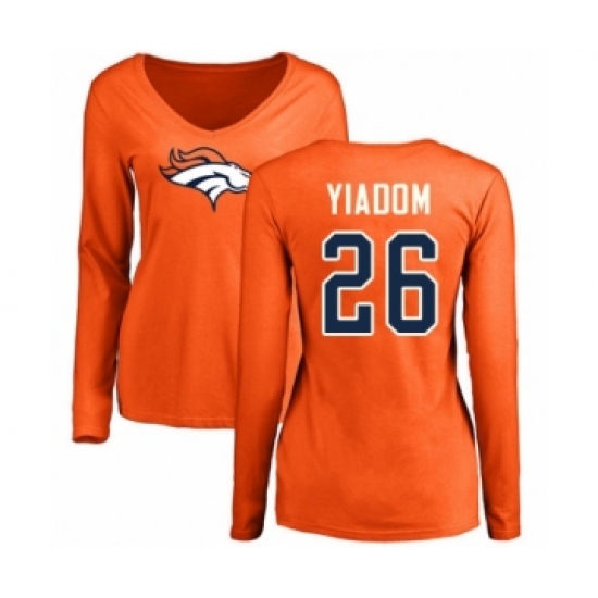 Football Women's Denver Broncos #26 Isaac Yiadom Orange Name & Number Logo Long Sleeve T-Shirt - Jersey