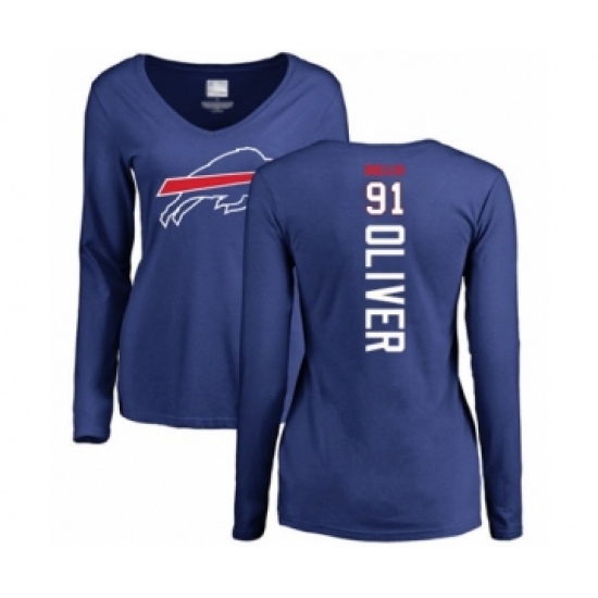 Football Women's Buffalo Bills #91 Ed Oliver Royal Blue Backer Long Sleeve T-Shirt - Jersey