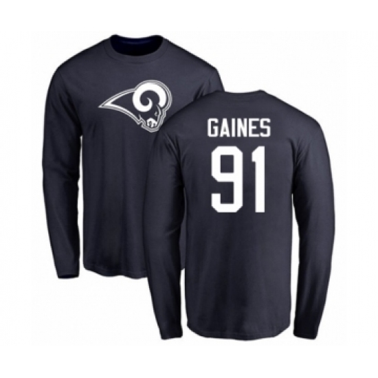 Football Los Angeles Rams #91 Greg Gaines Navy Blue Name & Number Logo Long Sleeve T-Shirt - Jersey