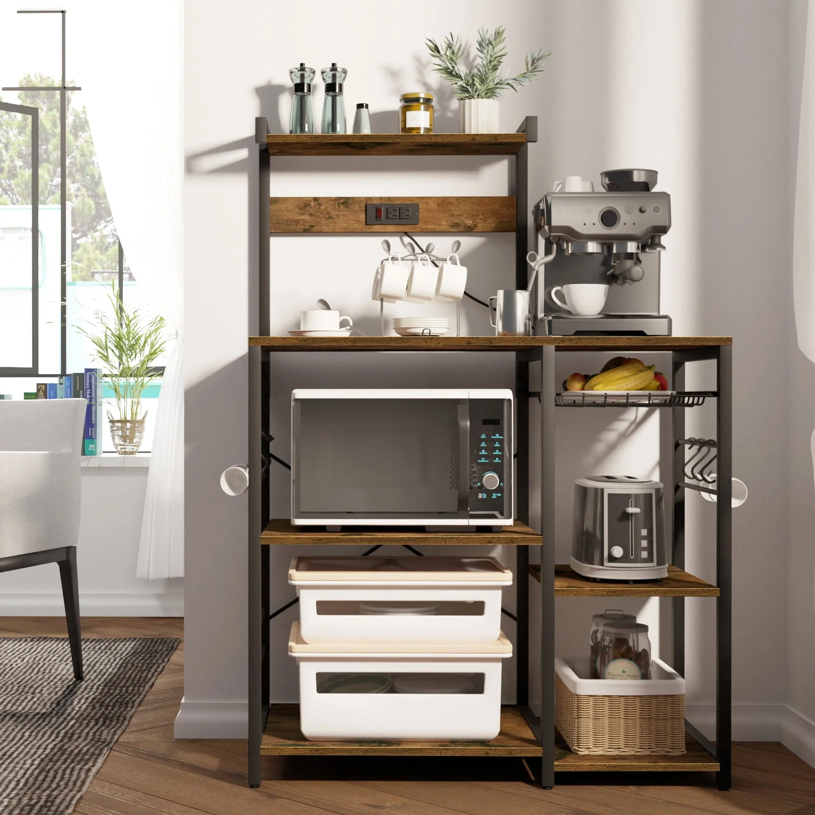 SUPERJARE Bakers Rack with Power Outlet, Microwave Stand, Coffee Bar with Wire Basket, Wood Kitchen Storage Rack with 6 S-Hooks, Kitchen Shelves for Spices, Pots and Pans, Vintage Brown