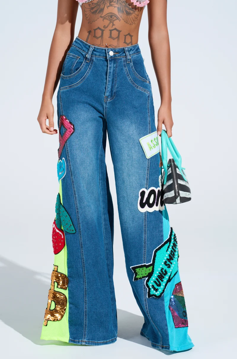 NOT SORRY PATCHWORK MEDIUM BLUE DENIM JEANS - Akira Wear