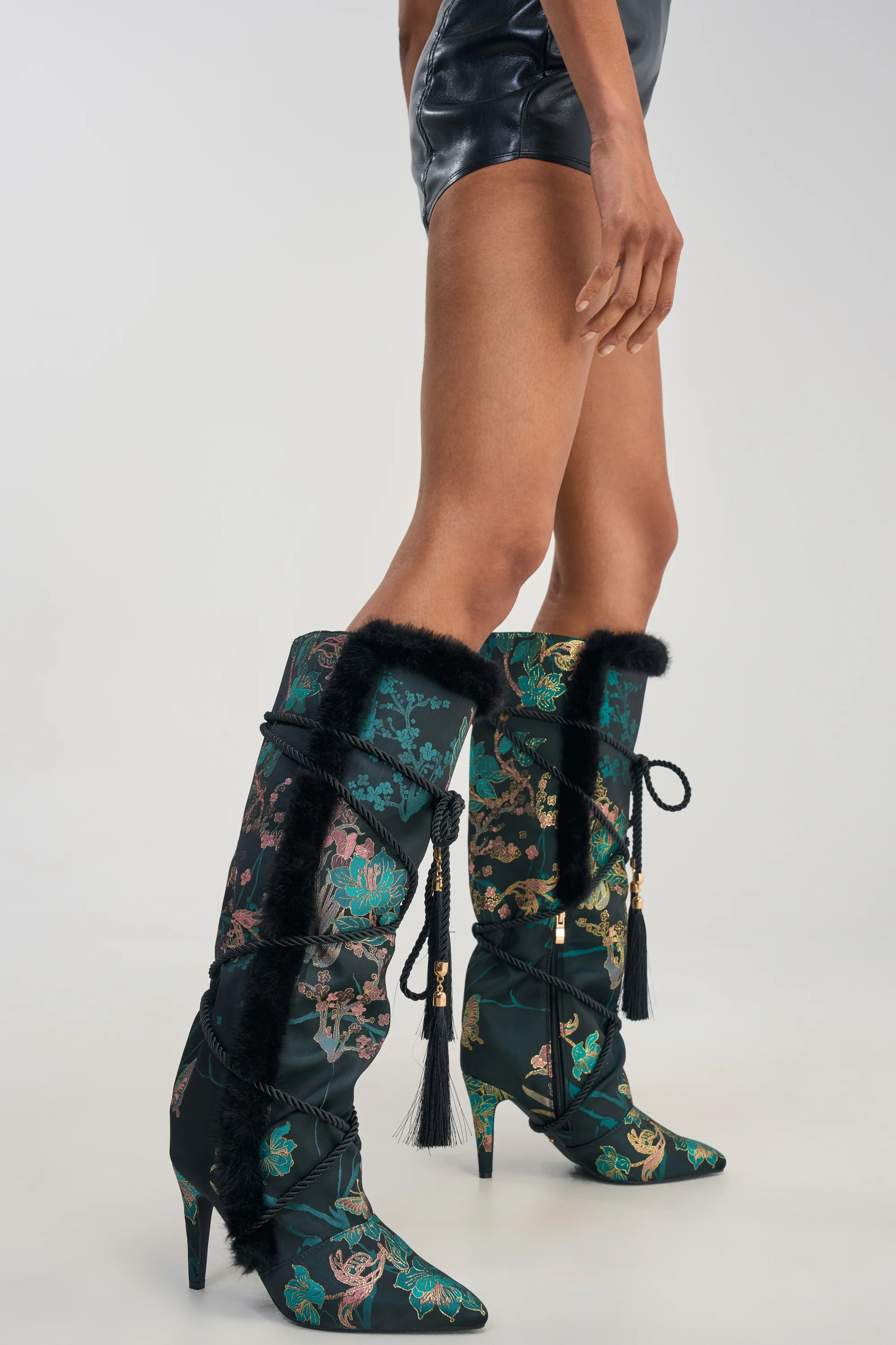 AZALEA WANG LISBETH BLACK MULTI BROCADE AND FUR STILETTO BOOT - Akira Wear
