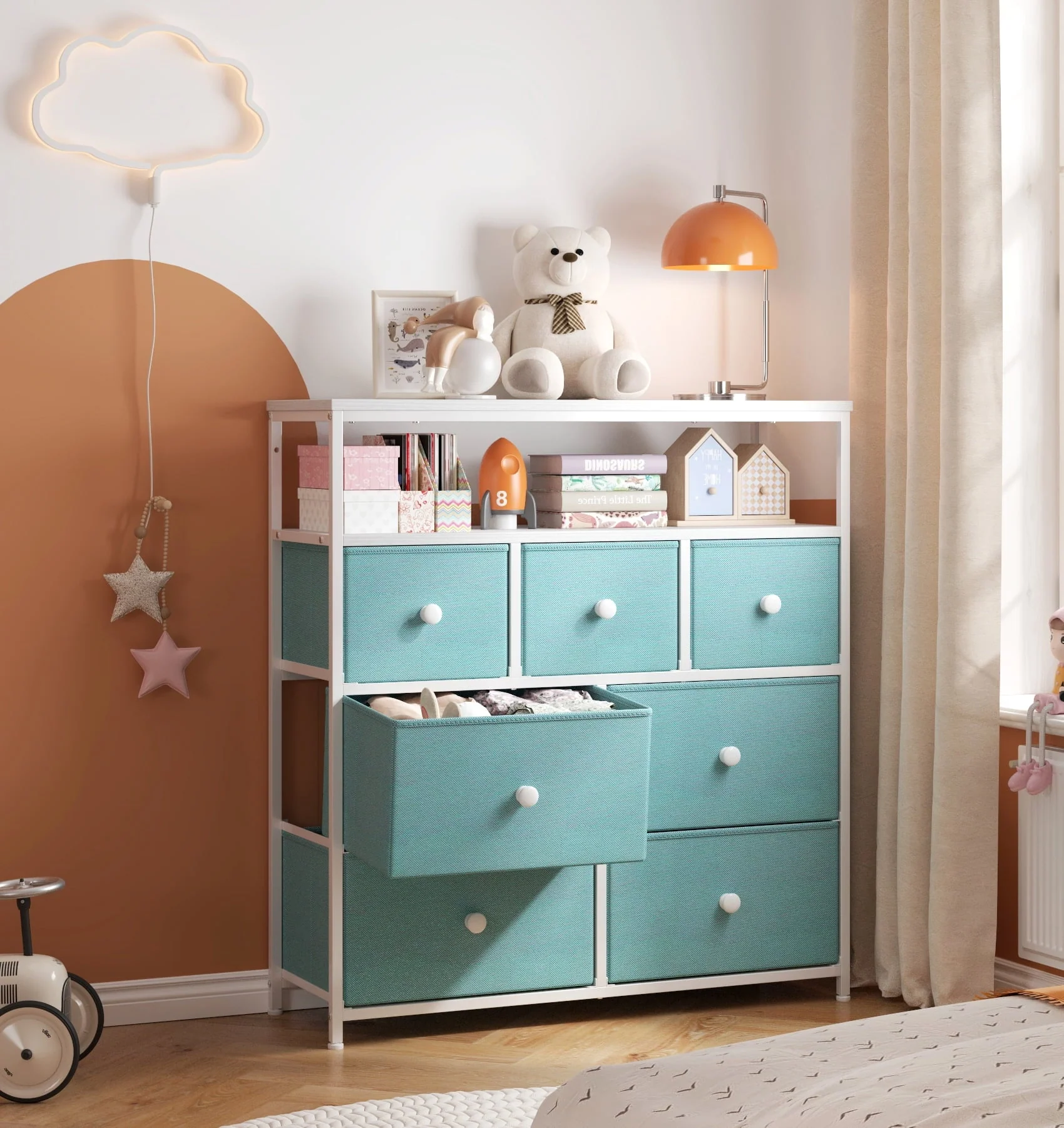EnHomee Dressers for Bedroom with 7 Drawers Pink Dresser Fabric Chest of Drawers with Shelves Portable Storage Tower Small Dresser for Living Room Nursery Guest Room