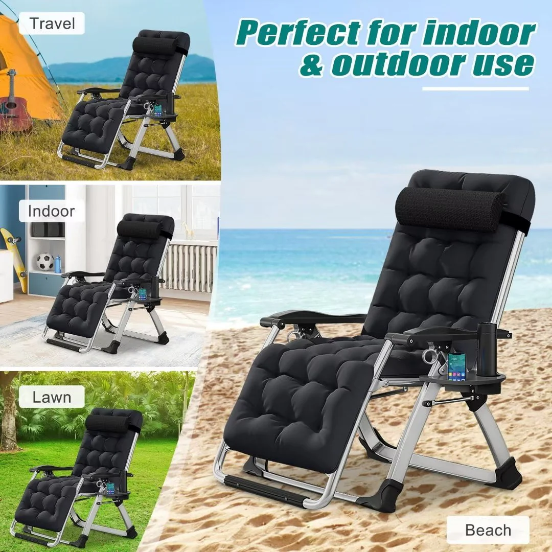 Docred Zero Gravity Chair , Lawn Recliner Folding Chaise Lounge with Removeable Pad Soft Cushion, Headrest and Cup Holder, Camping chairs Patio Fold Lounger Chair