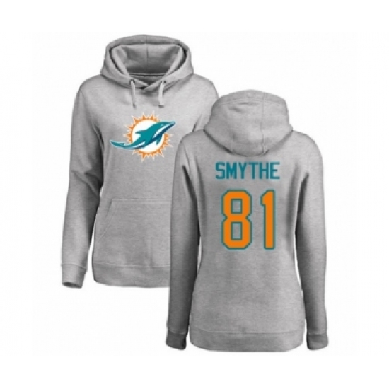 Football Women's Miami Dolphins #81 Durham Smythe Ash Name & Number Logo Pullover Hoodie - Jersey
