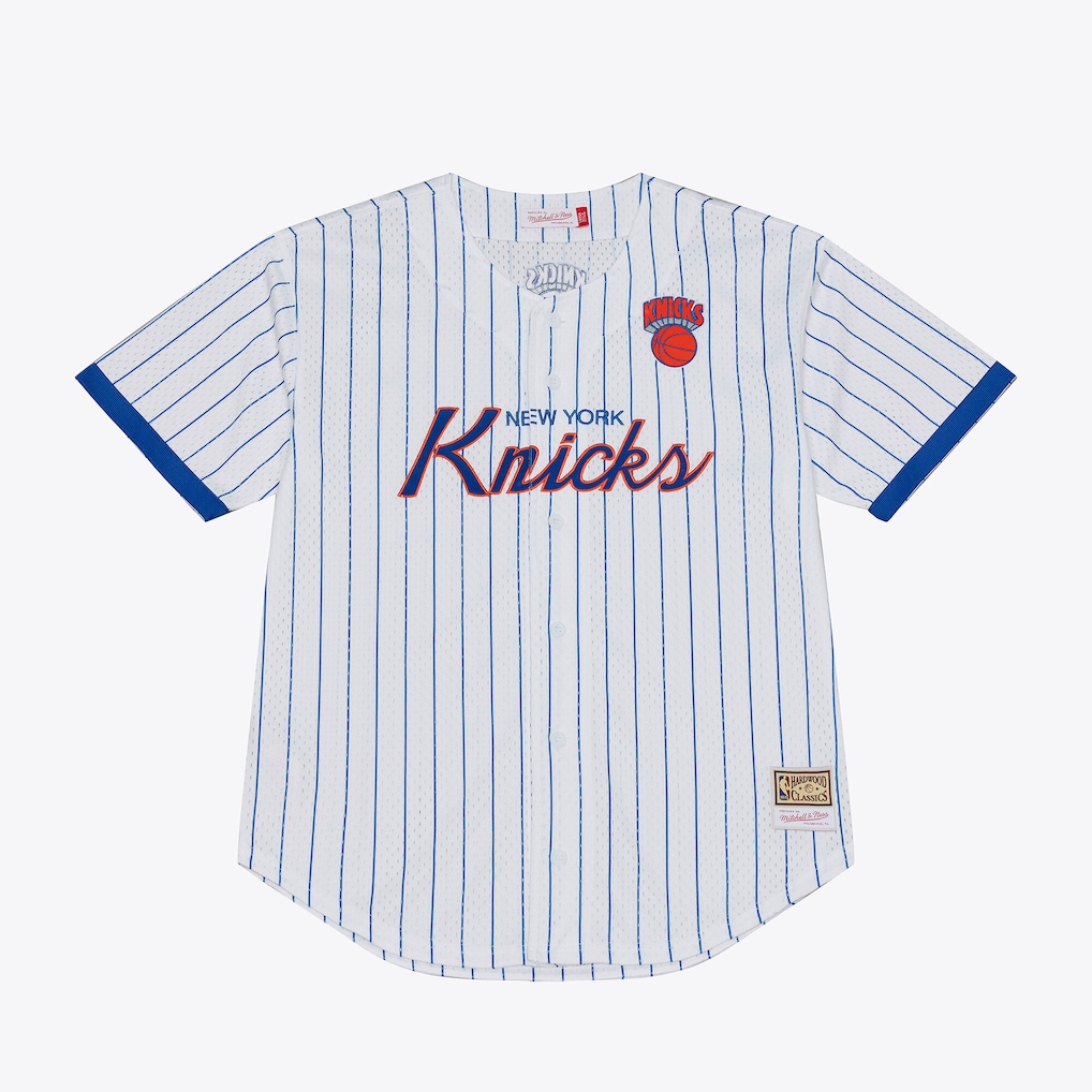 Men's New York Knicks Mitchell & Ness White Head Coach Pinstripe Mesh Full-Button Baseball Jersey - Jersey