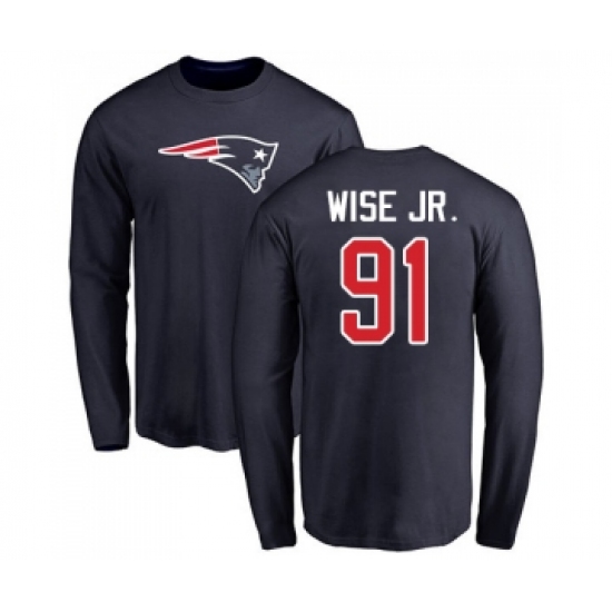 Football New England Patriots #91 Deatrich Wise Jr Navy Blue Name & Number Logo Long Sleeve T-Shirt - Jersey