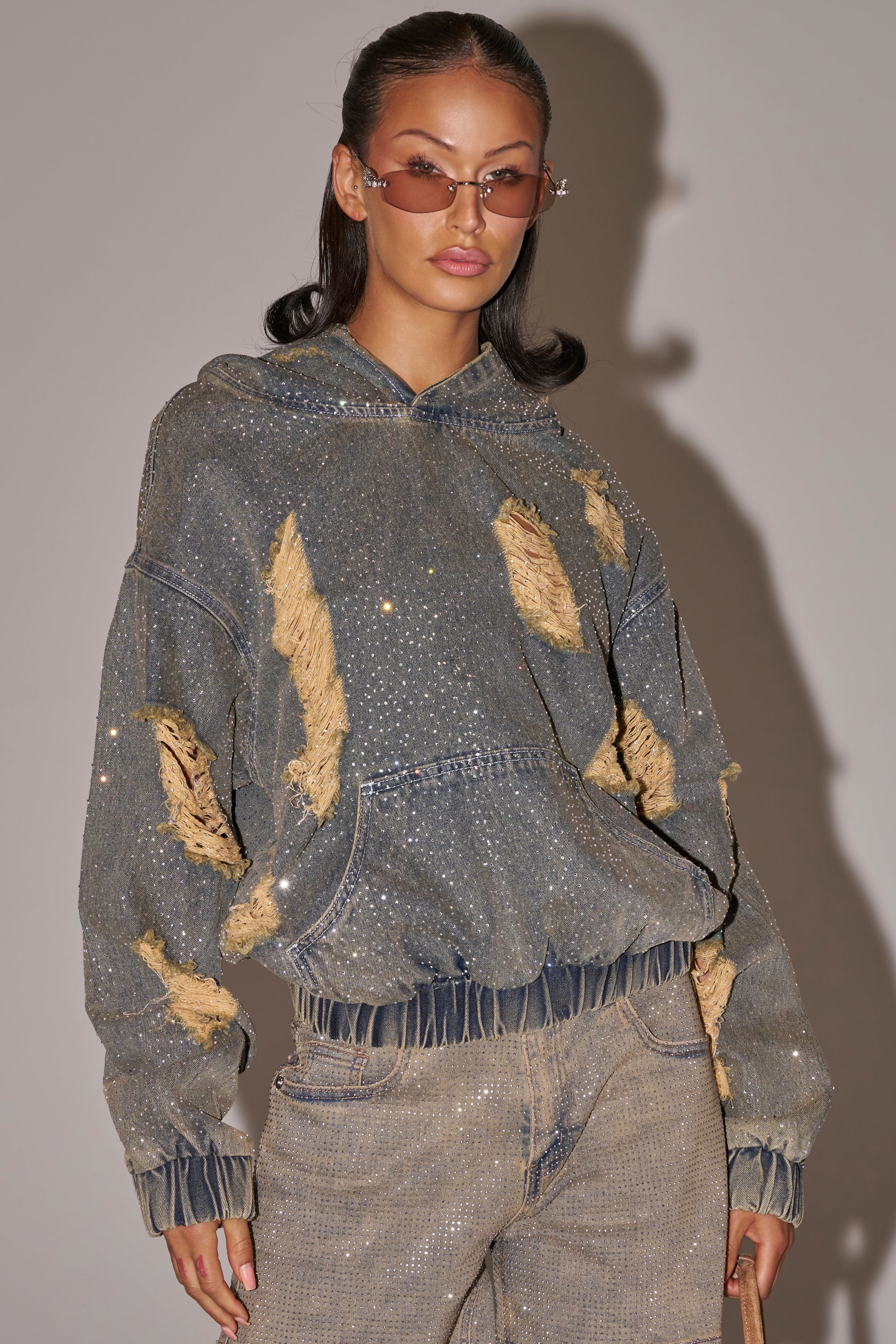 DEMI RHINESTONE DENIM HOODIE - Akira Wear