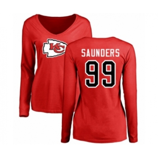 Football Women's Kansas City Chiefs #99 Khalen Saunders Red Name & Number Logo Slim Fit Long Sleeve T-Shirt - Jersey