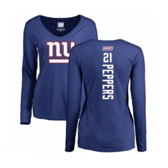 Football Women's New York Giants #21 Jabrill Peppers Royal Blue Backer Long Sleeve T-Shirt - Jersey