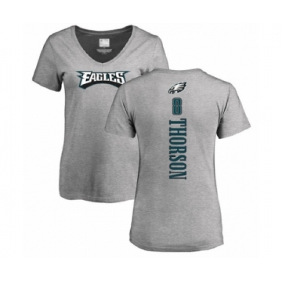 Women's Philadelphia Eagles #8 Clayton Thorson Ash Backer V-Neck T-Shirt - Jersey