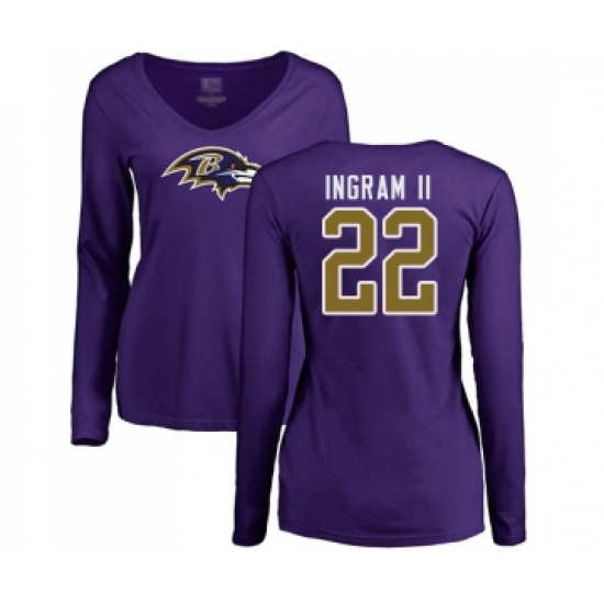 Football Women's Baltimore Ravens #22 Mark Ingram II Purple Name & Number Logo Long Sleeve T-Shirt - Jersey
