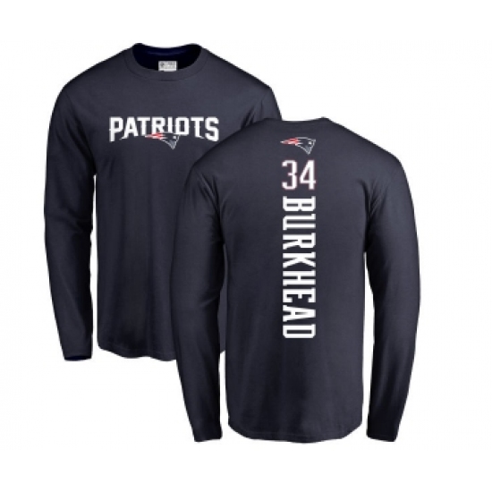 Football New England Patriots #34 Rex Burkhead Navy Blue Backer Long Sleeve T-Shirt - Jersey