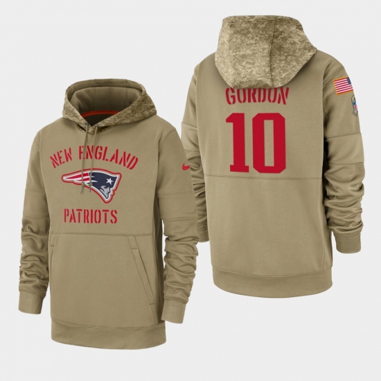 Men's New England Patriots #10 Josh Gordon 2019 Salute to Service Sideline Therma Pullover Hoodie - Tan - Jersey