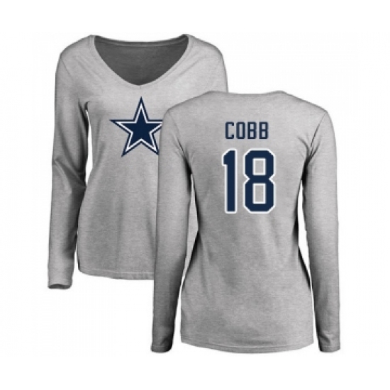 Football Women's Dallas Cowboys #18 Randall Cobb Ash Name & Number Logo Slim Fit Long Sleeve T-Shirt - Jersey