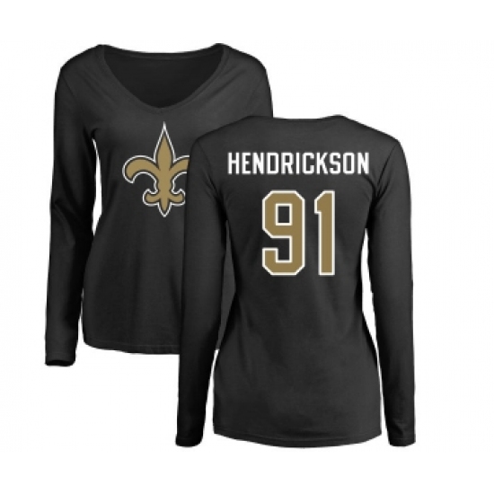 Football Women's New Orleans Saints #91 Trey Hendrickson Black Name & Number Logo Slim Fit Long Sleeve T-Shirt - Jersey