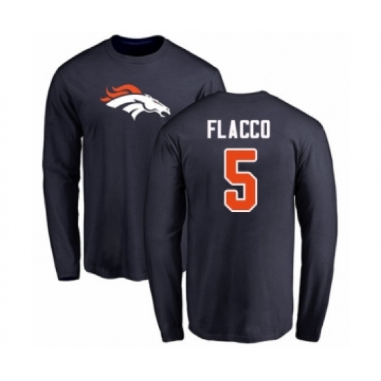 Football Denver Broncos #5 Joe Flacco Navy Blue Name & Number Logo Long Sleeve T-Shirt - Jersey