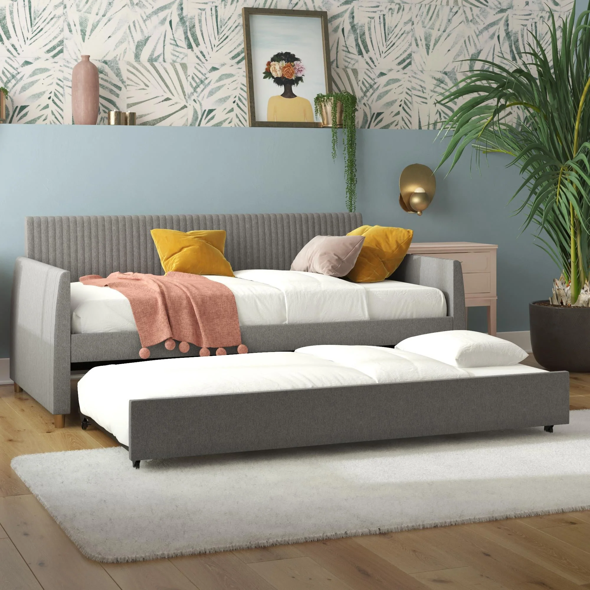 Mr. Kate Daphne Upholstered Daybed with Roll Out Trundle, No Box Spring Needed, Twin/Twin Size, Dark Gray Linen