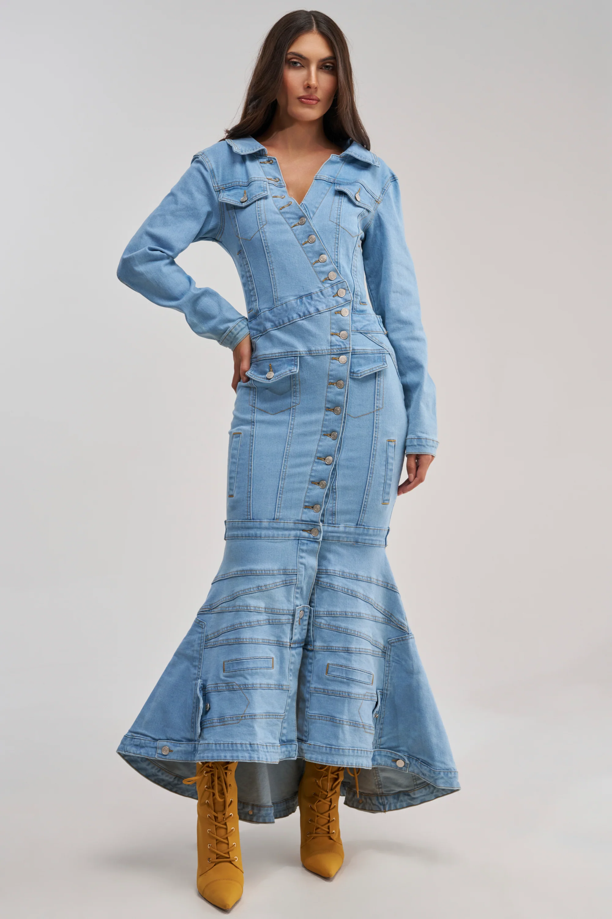 TRAPEZE BUTTON DOWN DENIM MAXI DRESS - Akira Wear