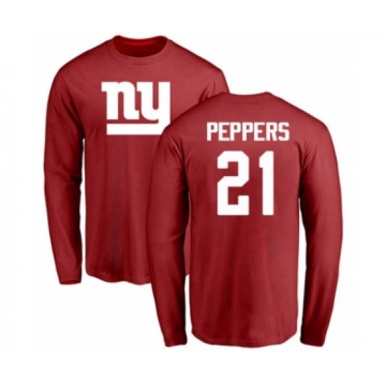 Football New York Giants #21 Jabrill Peppers Red Name & Number Logo Long Sleeve T-Shirt - Jersey