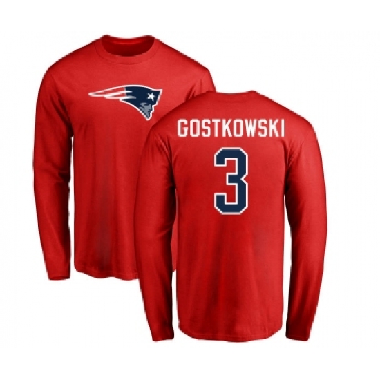 Football New England Patriots #3 Stephen Gostkowski Red Name & Number Logo Long Sleeve T-Shirt - Jersey