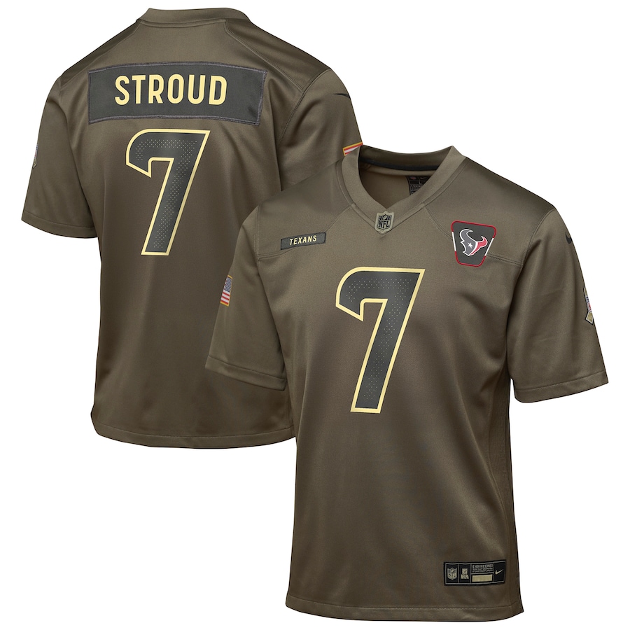 Youth Houston Texans C.J. Stroud Nike Olive 2025 Salute to Service Game Jersey - Jersey