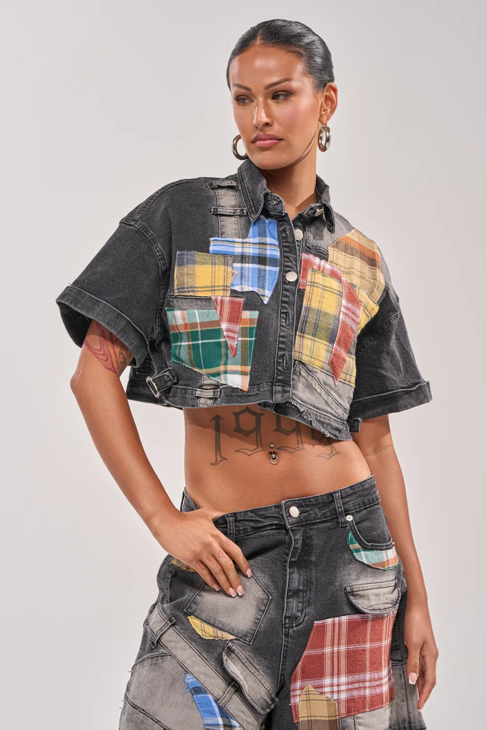 DREA MIXED PLAID CROP SHORT SLEEVE BUTTON DOWN - Akira Wear