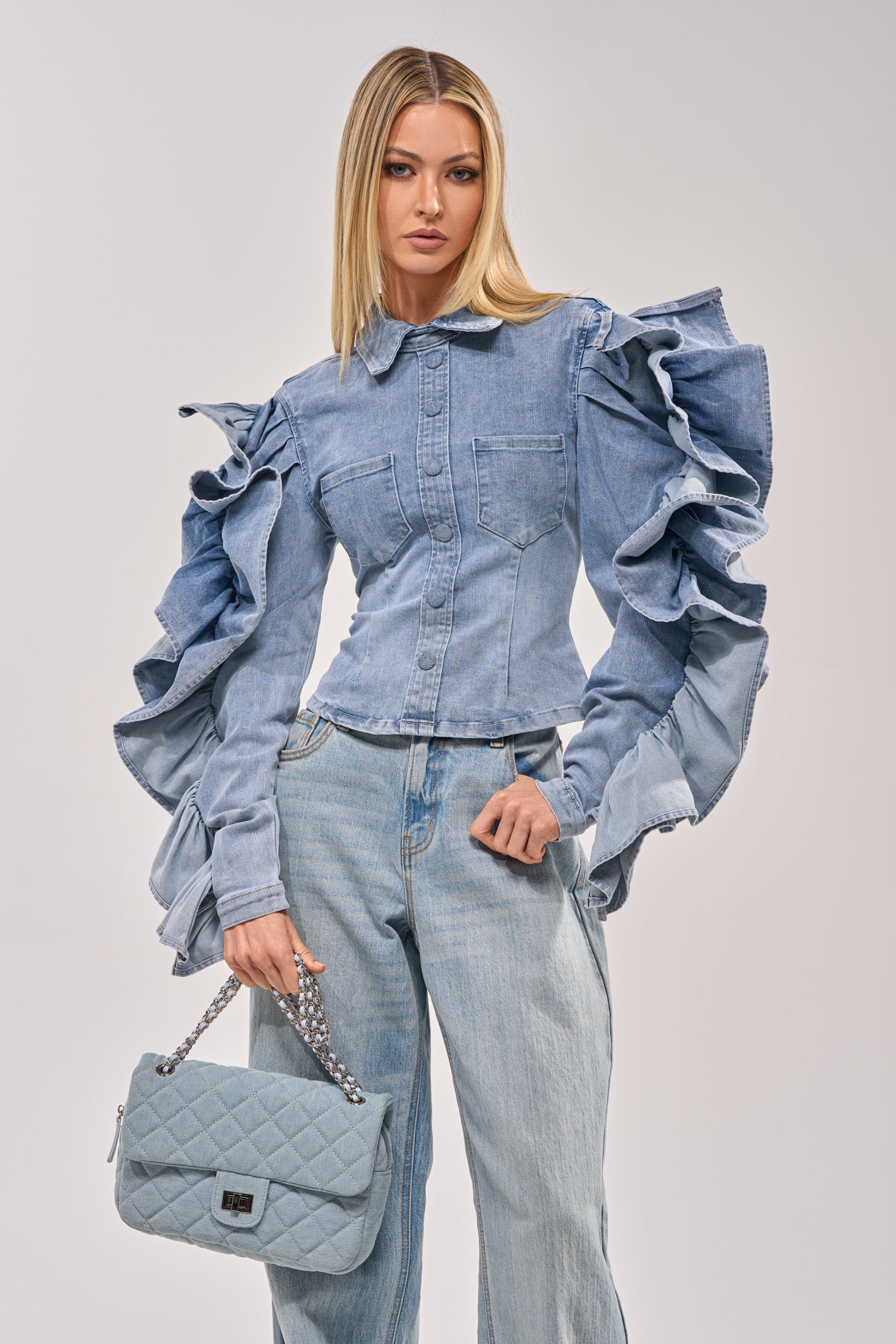 DREA RUFFLE SLEEVE DENIM BUTTON DOWN - Akira Wear