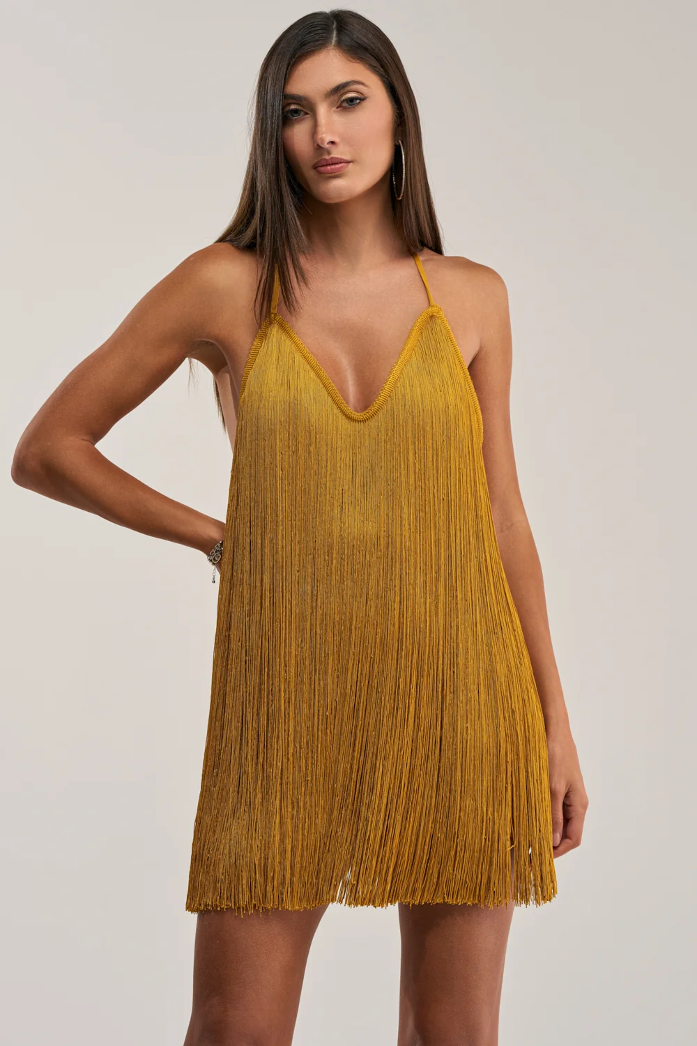 DRINKS ON ME FRINGE MINI DRESS IN GOLD - Akira Wear
