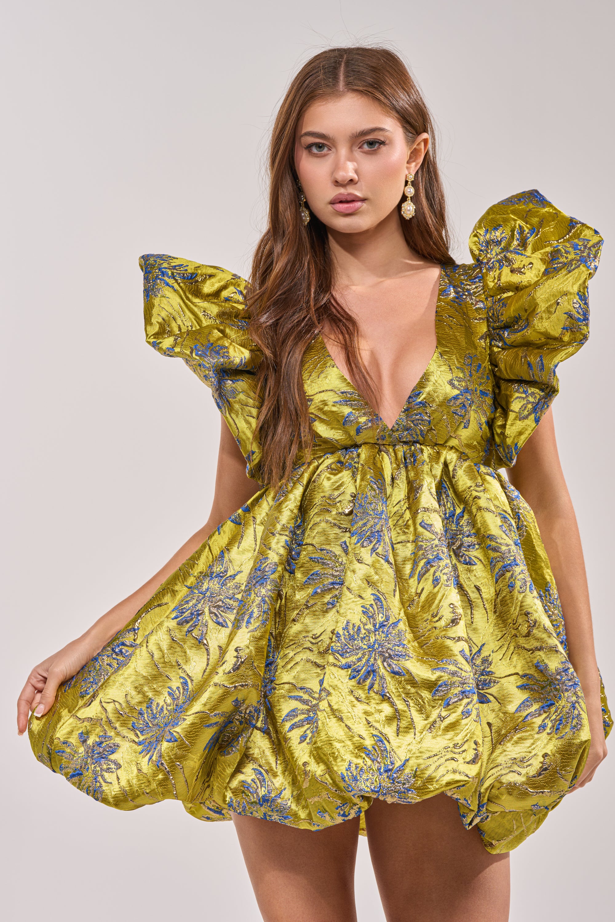 MAIN CHARACTER ENERGY BROCADE MINI DRESS IN GREEN - Akira Wear