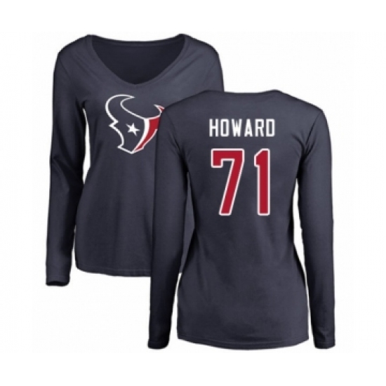Football Women's Houston Texans #71 Tytus Howard Navy Blue Name & Number Logo Long Sleeve T-Shirt - Jersey