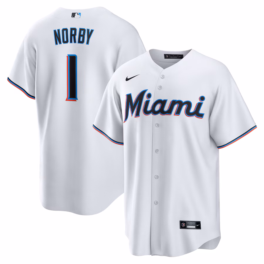Men's Miami Marlins Connor Norby Nike White Home Replica Jersey - Jersey