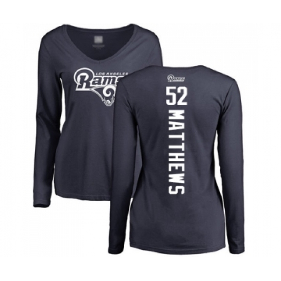 Football Women's Los Angeles Rams #52 Clay Matthews Navy Blue Backer Slim Fit Long Sleeve T-Shirt - Jersey