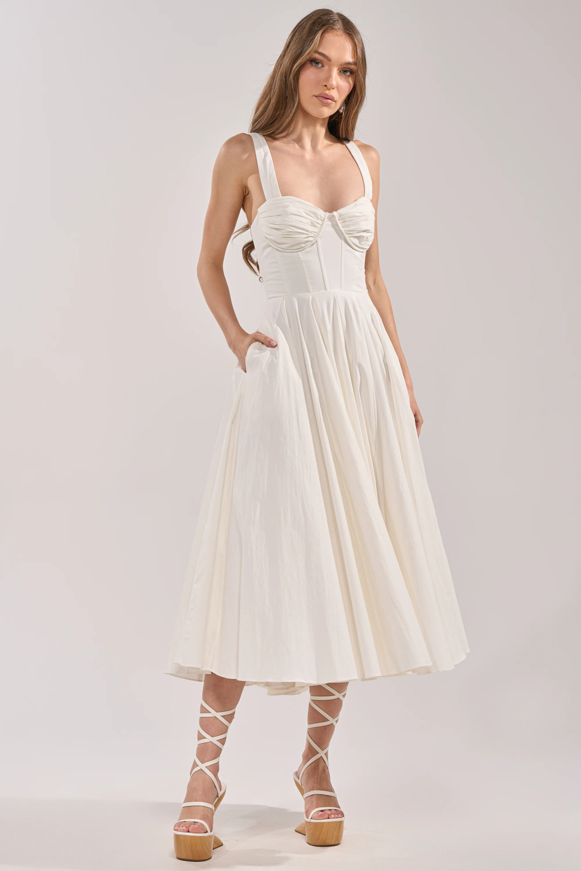 KEEP IT LOWKEY POPLIN MIDI DRESS IN WHITE - Akira Wear