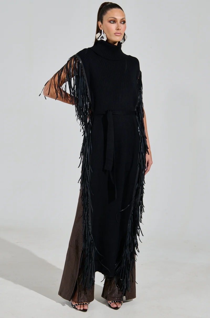 CHEYENNE FAUX BLACK LEATHER FRINGE BELTED SWEATER - Akira Wear