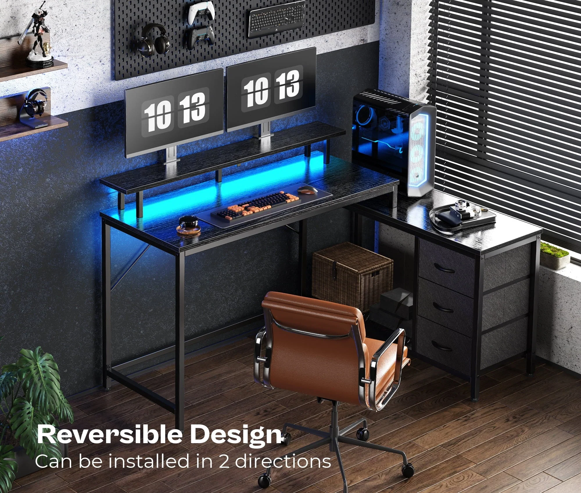 Huuger Computer Desk with LED Lights and Power Outlets, L Shaped Gaming Desk with Drawers & Storage Shelf, Reversible Home Office Desk with Monitor Stand, Black