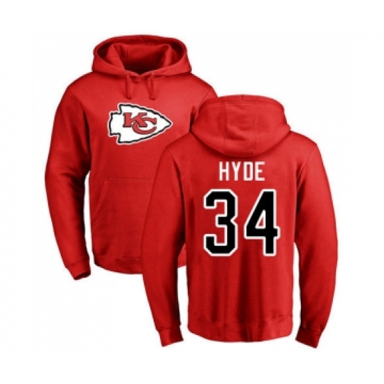 Football Kansas City Chiefs #34 Carlos Hyde Red Name & Number Logo Pullover Hoodie - Jersey