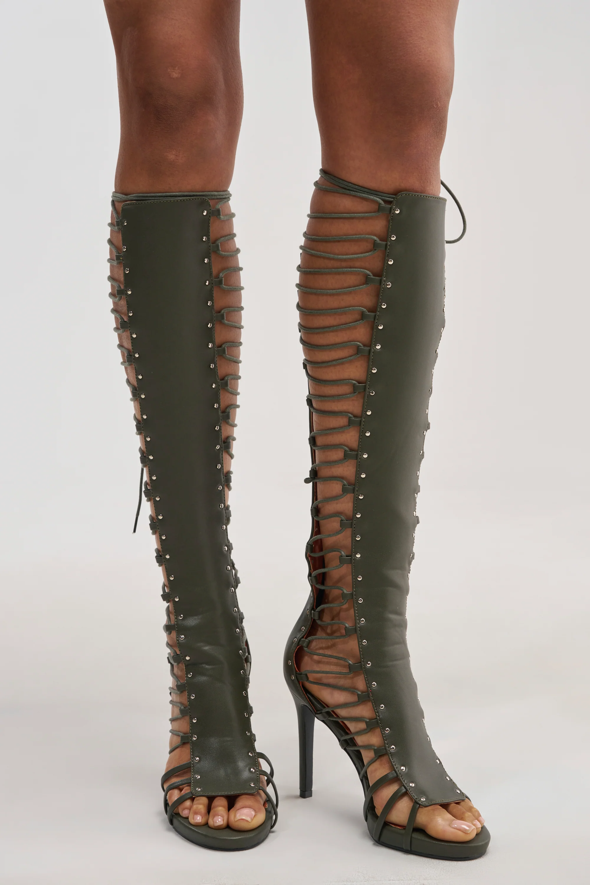AZALEA WANG ROSALINA OLIVE GLADIATOR TO THE KNEE SANDAL - Akira Wear
